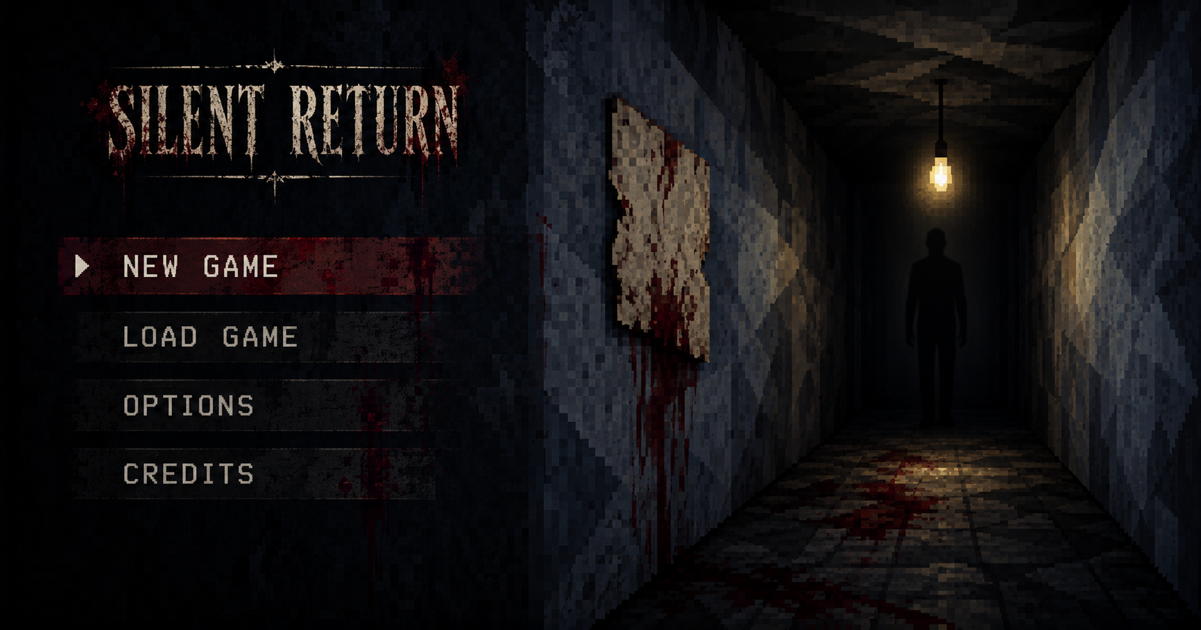 Silent Return title screen: a bloody asylum corridor and a figure under a hanging light